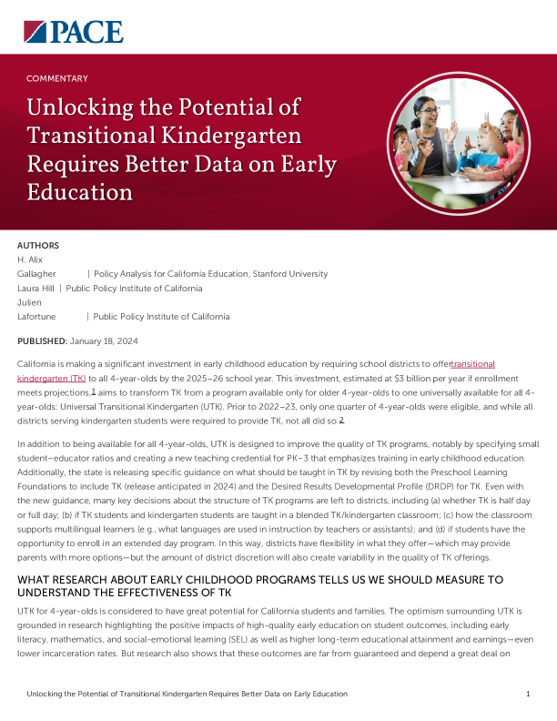 Unlocking the Potential of Transitional Kindergarten Requires Better Data on Early Education PDF