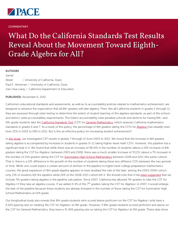 What Do the California Standards Test Results Reveal About the Movement Toward Eighth-Grade Algebra for All? PDF