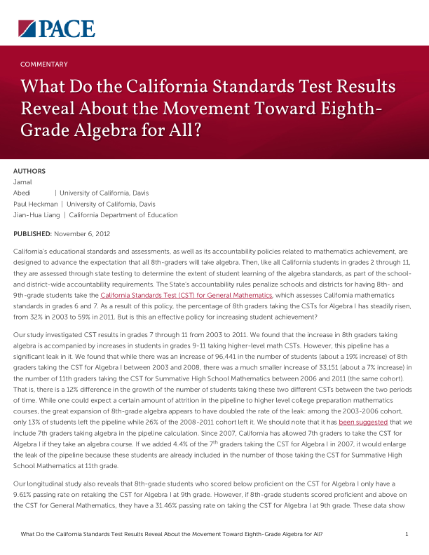 What Do the California Standards Test Results Reveal About the Movement Toward Eighth-Grade Algebra for All? PDF