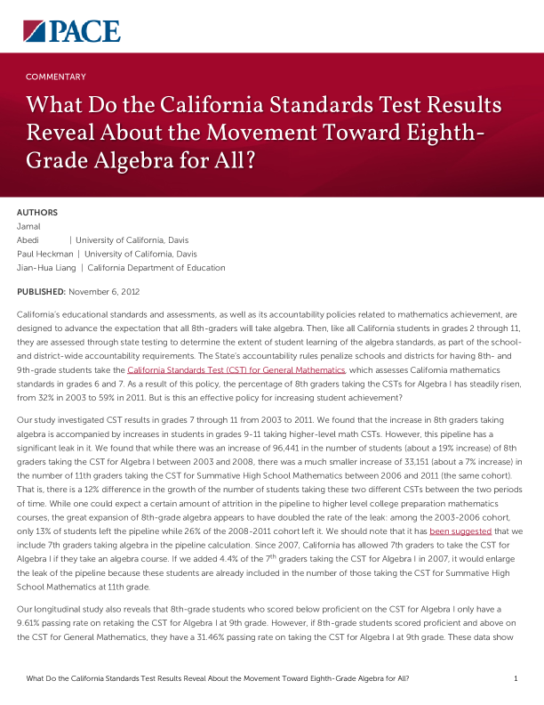 What Do the California Standards Test Results Reveal About the Movement Toward Eighth-Grade Algebra for All? PDF