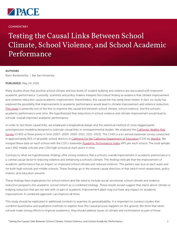 Testing the Causal Links Between School Climate, School Violence, and School Academic Performance PDF