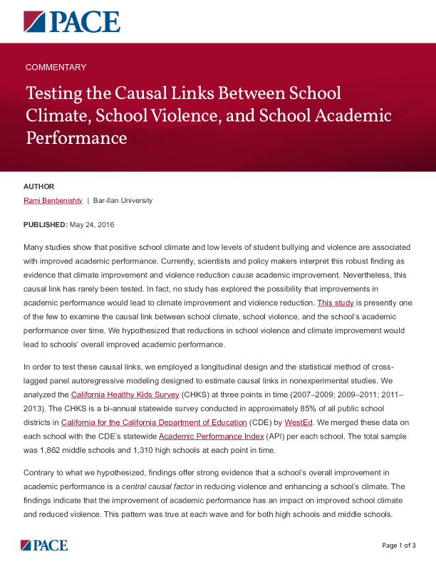 Testing the Causal Links Between School Climate, School Violence, and School Academic Performance PDF