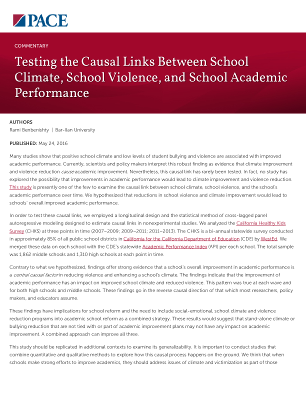 Testing the Causal Links Between School Climate, School Violence, and School Academic Performance PDF