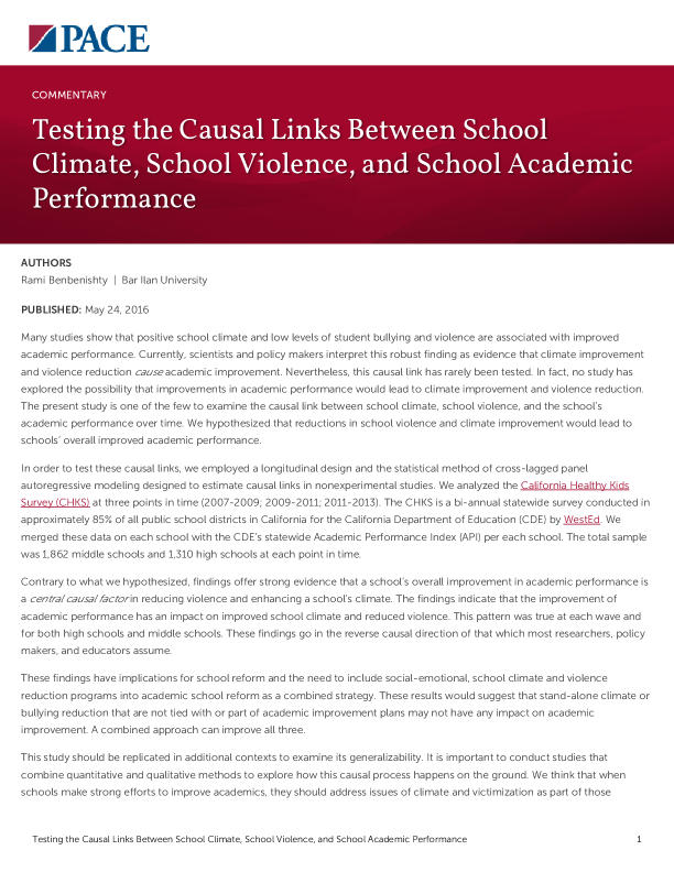 Testing the Causal Links Between School Climate, School Violence, and School Academic Performance PDF