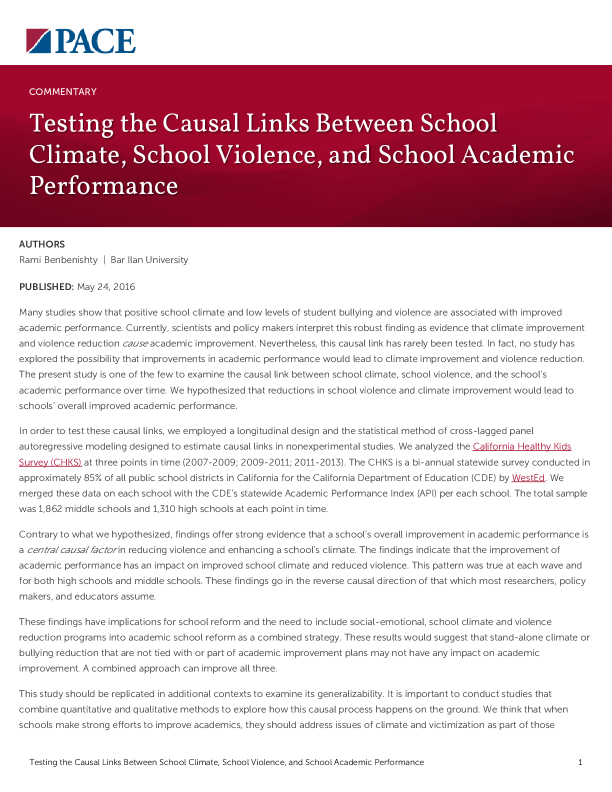 Testing the Causal Links Between School Climate, School Violence, and School Academic Performance PDF