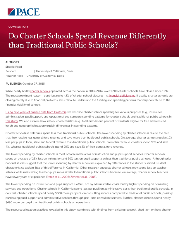Do Charter Schools Spend Revenue Differently than Traditional Public Schools? PDF