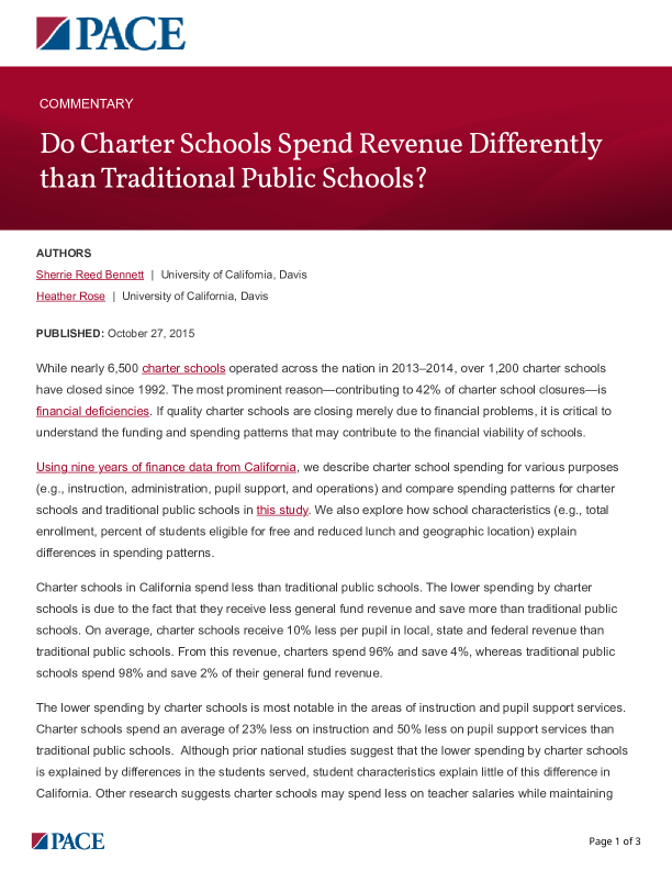 Do Charter Schools Spend Revenue Differently than Traditional Public Schools? PDF