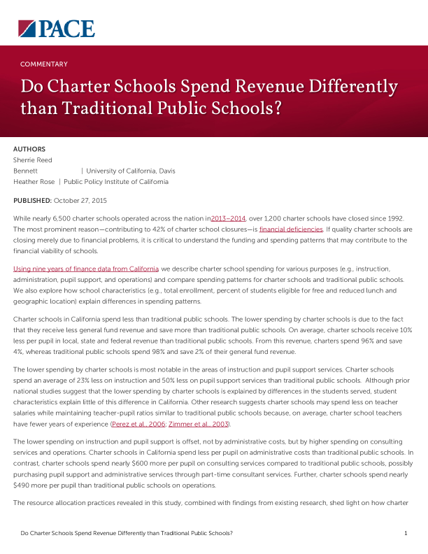 Do Charter Schools Spend Revenue Differently than Traditional Public Schools? PDF
