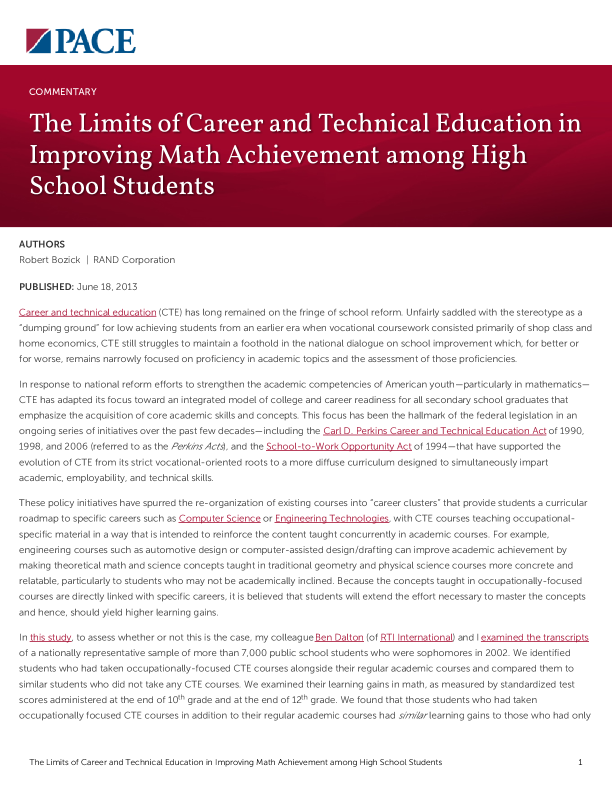 The Limits of Career and Technical Education in Improving Math Achievement among High School Students PDF