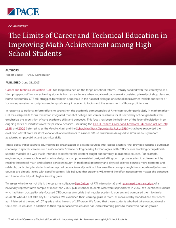 The Limits of Career and Technical Education in Improving Math Achievement among High School Students PDF