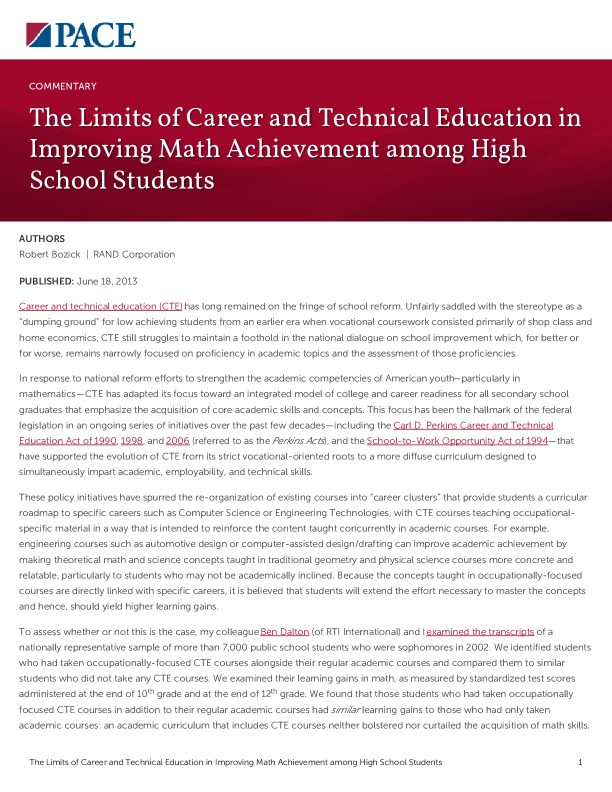 The Limits of Career and Technical Education in Improving Math Achievement among High School Students PDF