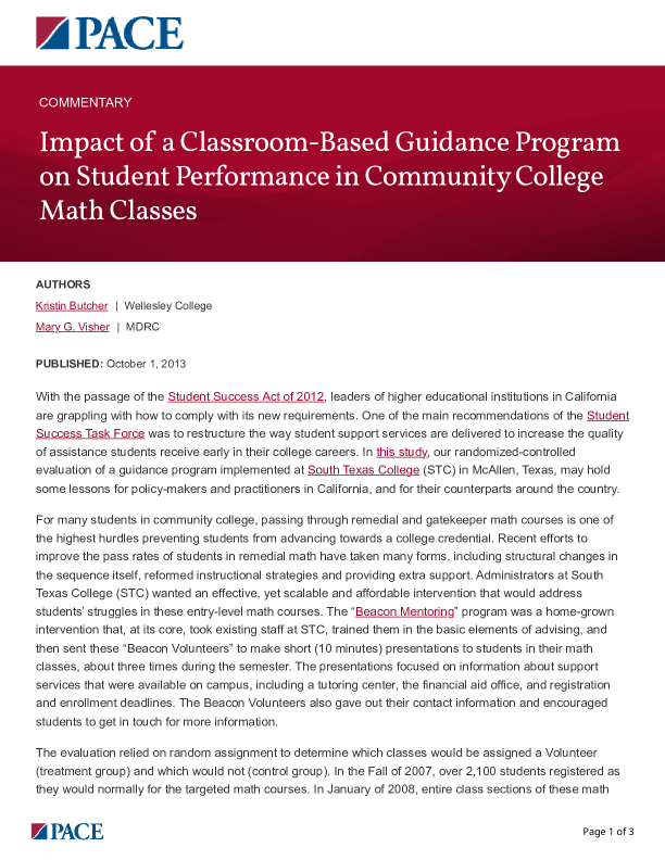 Impact of a Classroom-Based Guidance Program on Student Performance in Community College Math Classes PDF