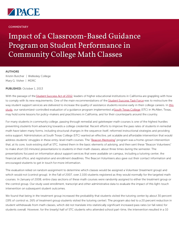 Impact of a Classroom-Based Guidance Program on Student Performance in Community College Math Classes PDF