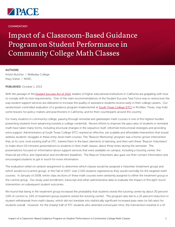 Impact of a Classroom-Based Guidance Program on Student Performance in Community College Math Classes PDF