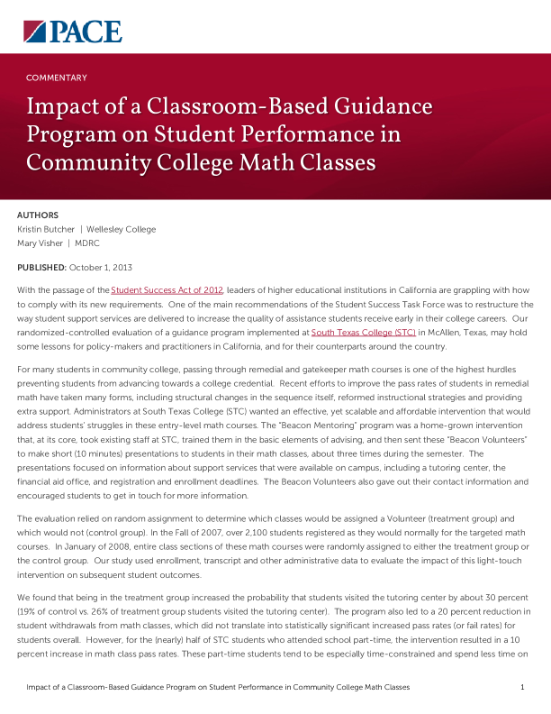 Impact of a Classroom-Based Guidance Program on Student Performance in Community College Math Classes PDF