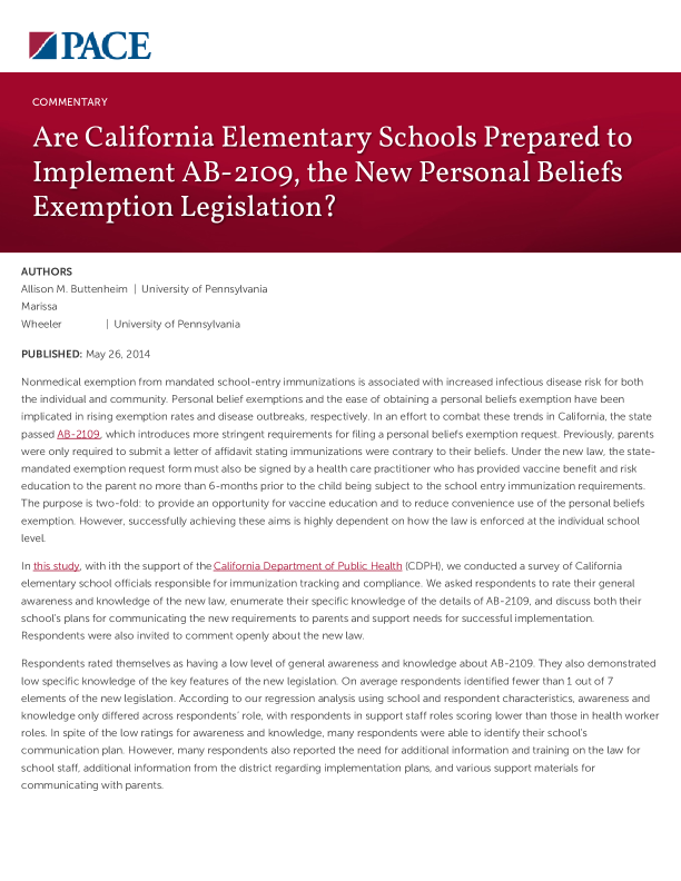 Are California Elementary Schools Prepared to Implement AB-2109, the New Personal Beliefs Exemption Legislation? PDF