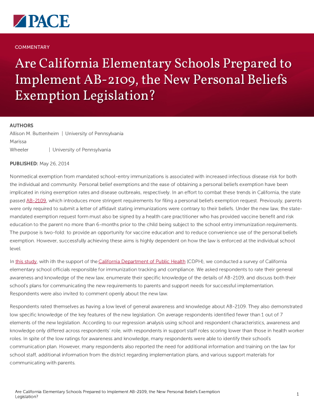 Are California Elementary Schools Prepared to Implement AB-2109, the New Personal Beliefs Exemption Legislation? PDF