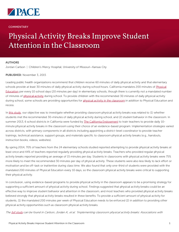 Physical Activity Breaks Improve Student Attention in the Classroom PDF