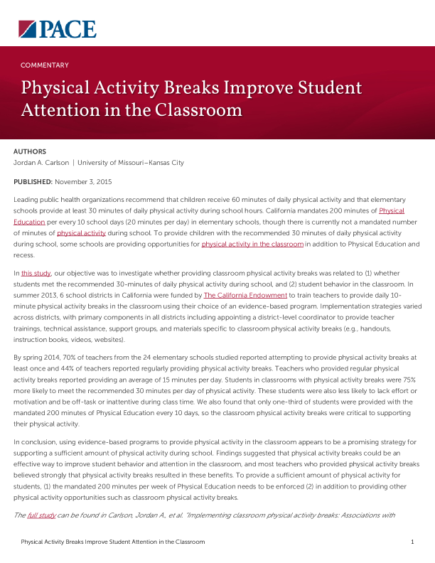 Physical Activity Breaks Improve Student Attention in the Classroom PDF