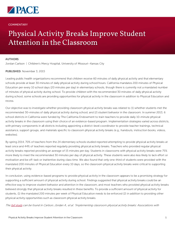 Physical Activity Breaks Improve Student Attention in the Classroom PDF
