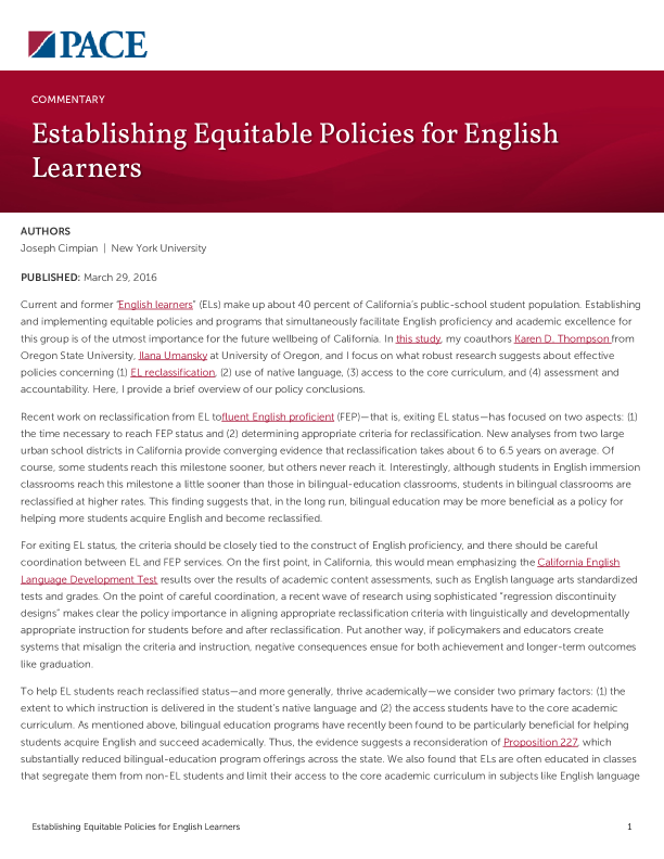 Establishing Equitable Policies for English Learners PDF