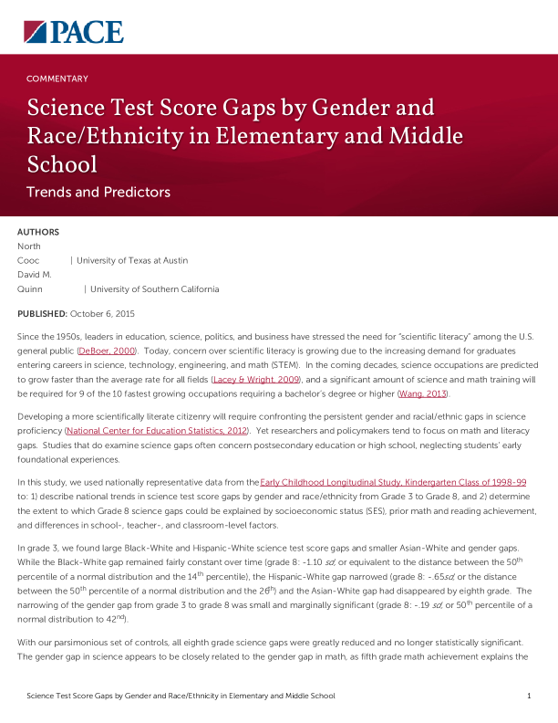 Science Test Score Gaps by Gender and Race/Ethnicity in Elementary and Middle School PDF