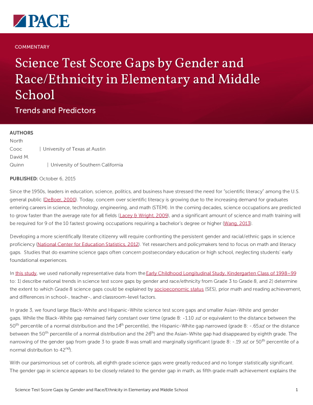 Science Test Score Gaps by Gender and Race/Ethnicity in Elementary and Middle School PDF