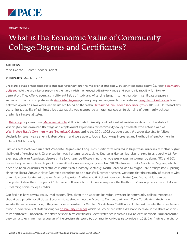 What is the Economic Value of Community College Degrees and Certificates? PDF