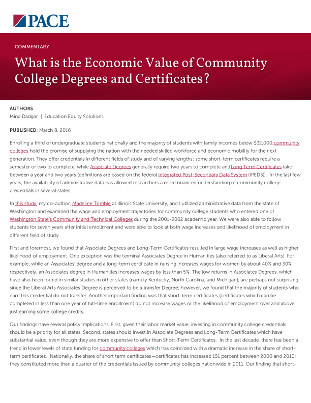 What is the Economic Value of Community College Degrees and Certificates? PDF