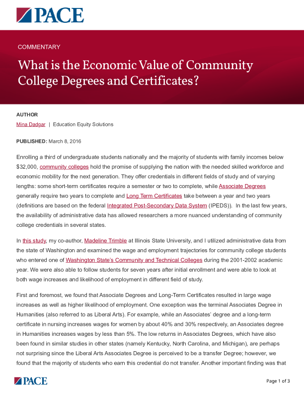 What is the Economic Value of Community College Degrees and Certificates? PDF