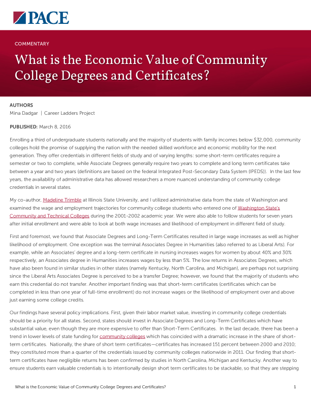 What is the Economic Value of Community College Degrees and Certificates? PDF