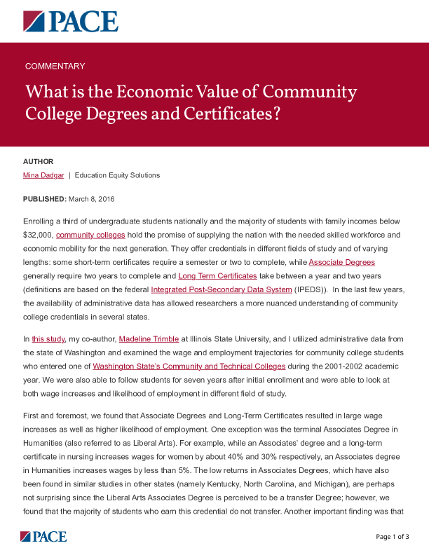 What is the Economic Value of Community College Degrees and Certificates? PDF