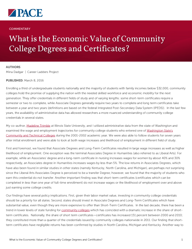 What is the Economic Value of Community College Degrees and Certificates? PDF