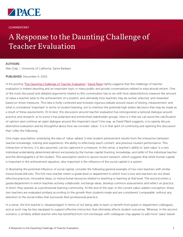 A Response to the Daunting Challenge of Teacher Evaluation PDF