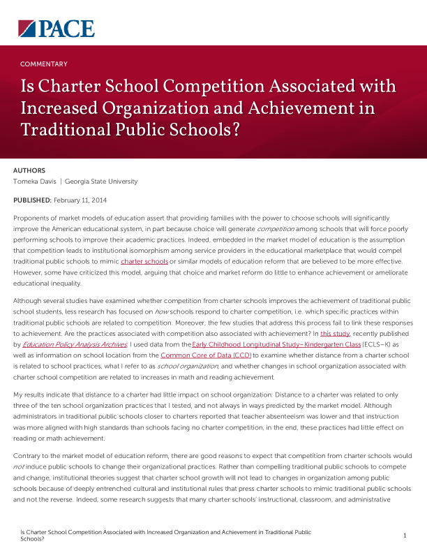 Is Charter School Competition Associated with Increased Organization and Achievement in Traditional Public Schools? PDF