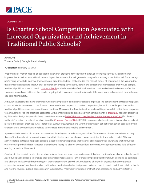 Is Charter School Competition Associated with Increased Organization and Achievement in Traditional Public Schools? PDF