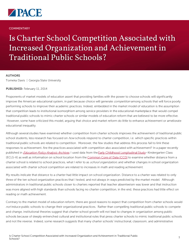 Is Charter School Competition Associated with Increased Organization and Achievement in Traditional Public Schools? PDF