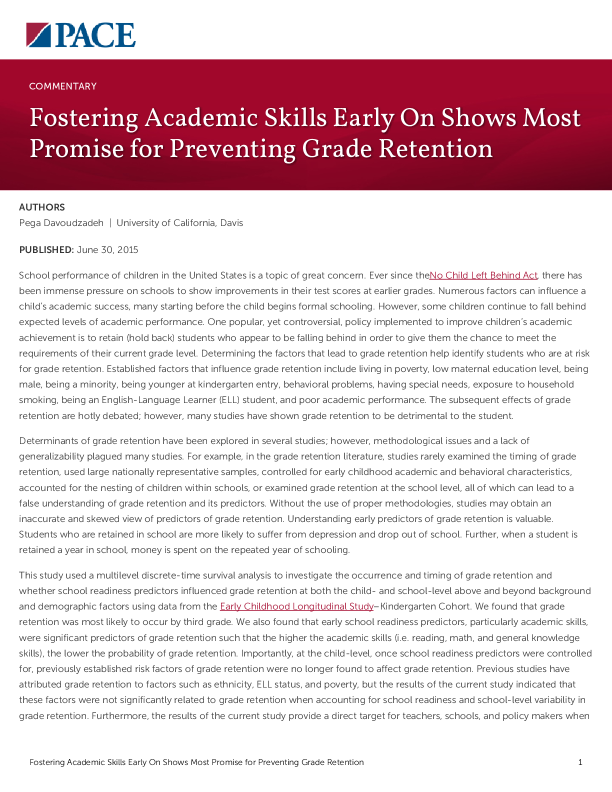 Fostering Academic Skills Early On Shows Most Promise for Preventing Grade Retention PDF