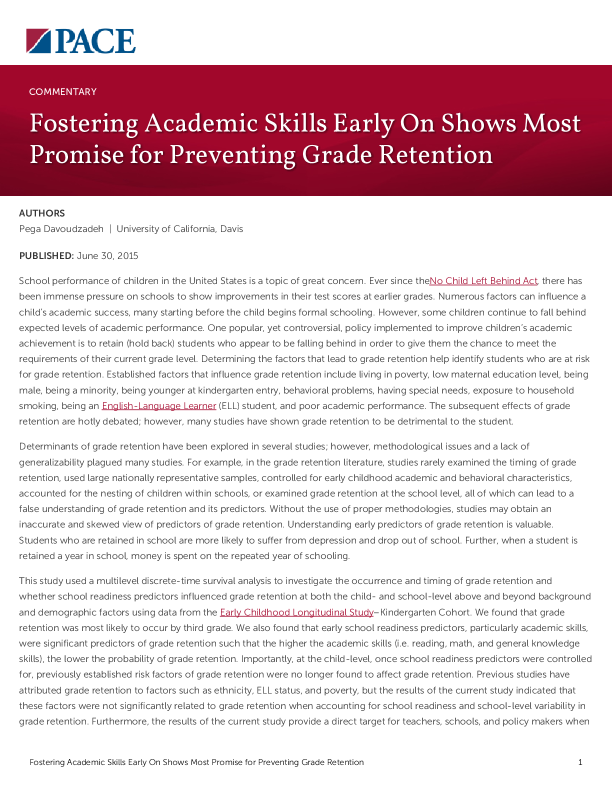 Fostering Academic Skills Early On Shows Most Promise for Preventing Grade Retention PDF