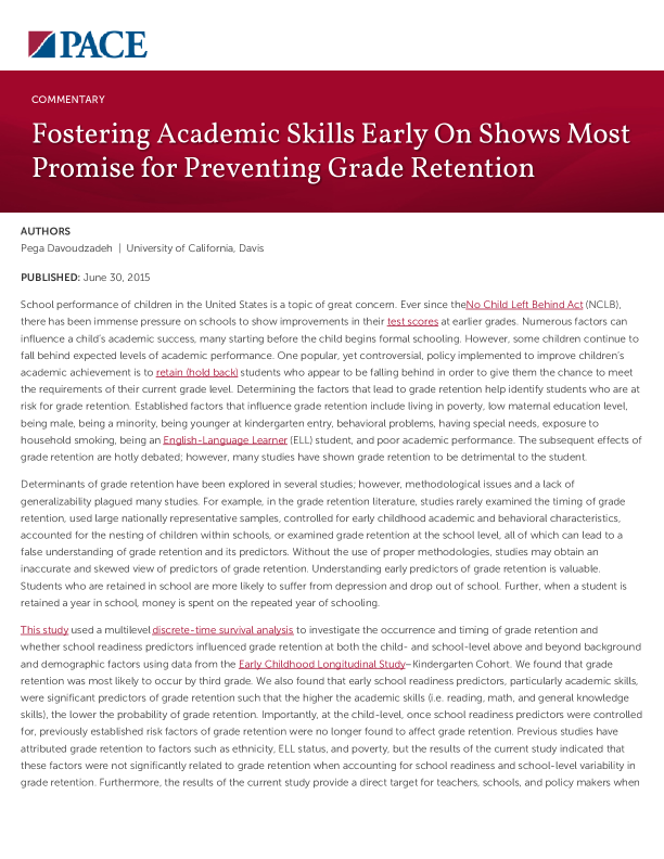Fostering Academic Skills Early On Shows Most Promise for Preventing Grade Retention PDF