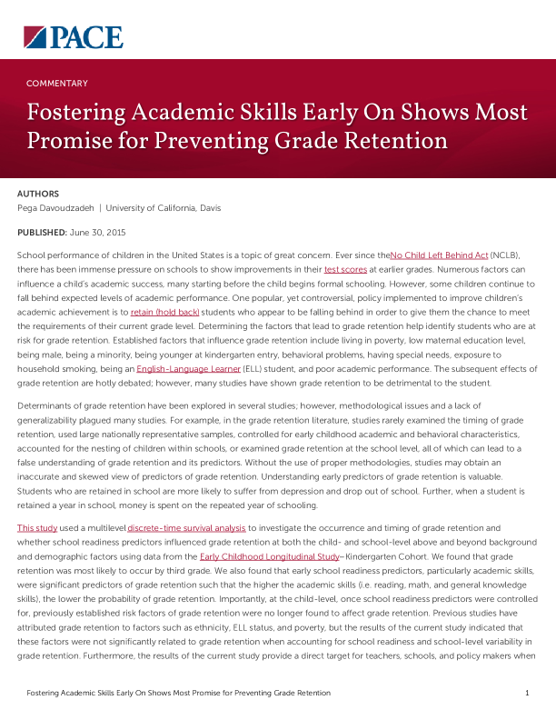 Fostering Academic Skills Early On Shows Most Promise for Preventing Grade Retention PDF