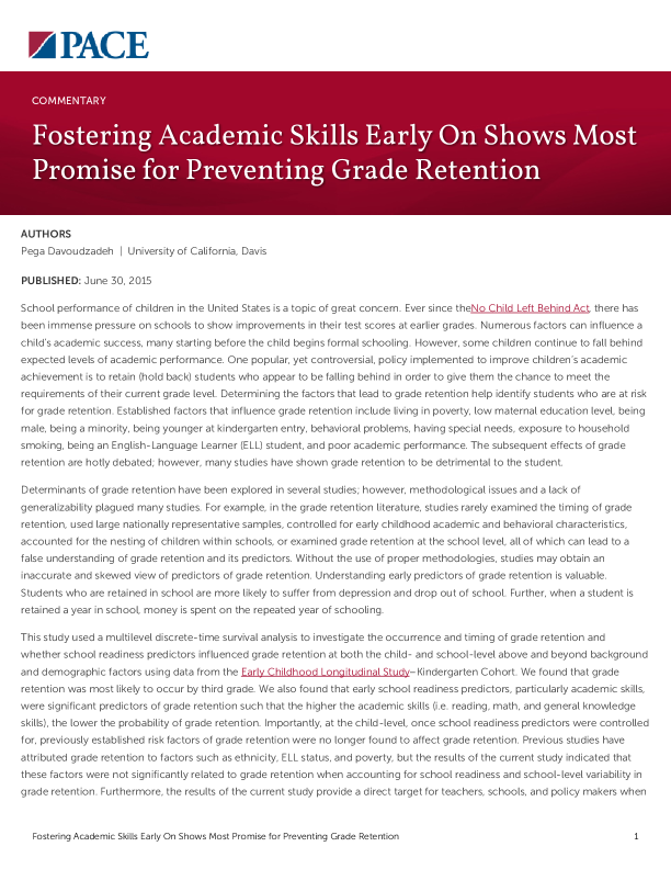 Fostering Academic Skills Early On Shows Most Promise for Preventing Grade Retention PDF