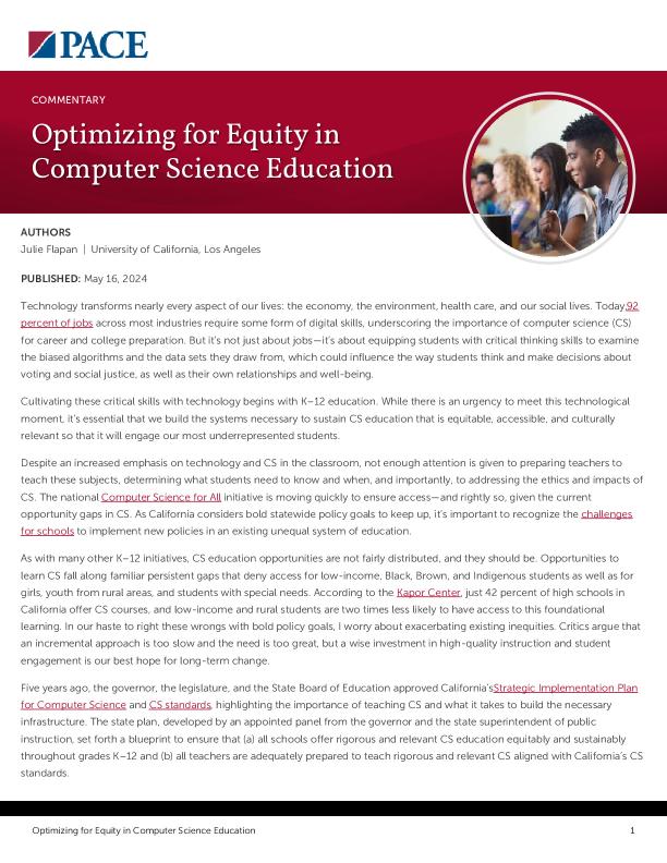 Optimizing for Equity in Computer Science Education PDF