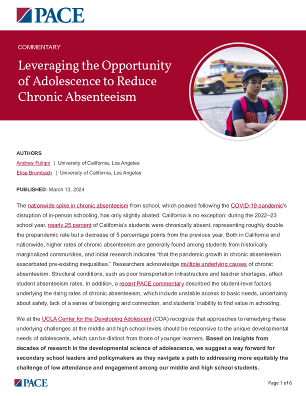 Leveraging the Opportunity of Adolescence to Reduce Chronic Absenteeism PDF