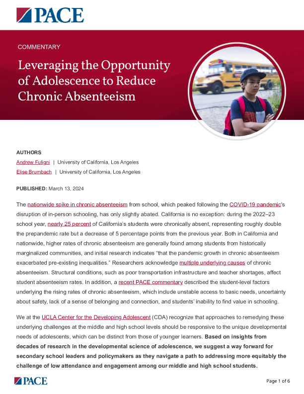 Leveraging the Opportunity of Adolescence to Reduce Chronic Absenteeism PDF