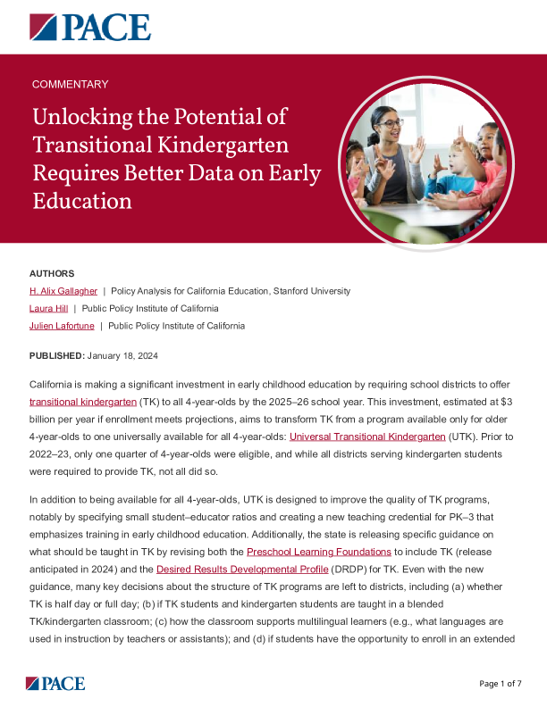 Unlocking the Potential of Transitional Kindergarten Requires Better Data on Early Education PDF