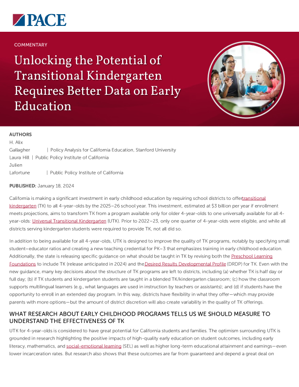 Unlocking the Potential of Transitional Kindergarten Requires Better Data on Early Education PDF