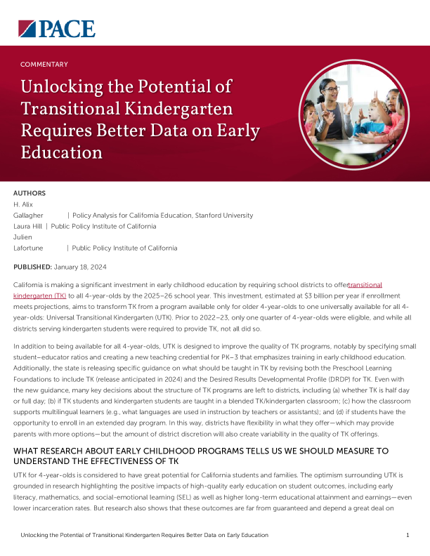 Unlocking the Potential of Transitional Kindergarten Requires Better Data on Early Education PDF