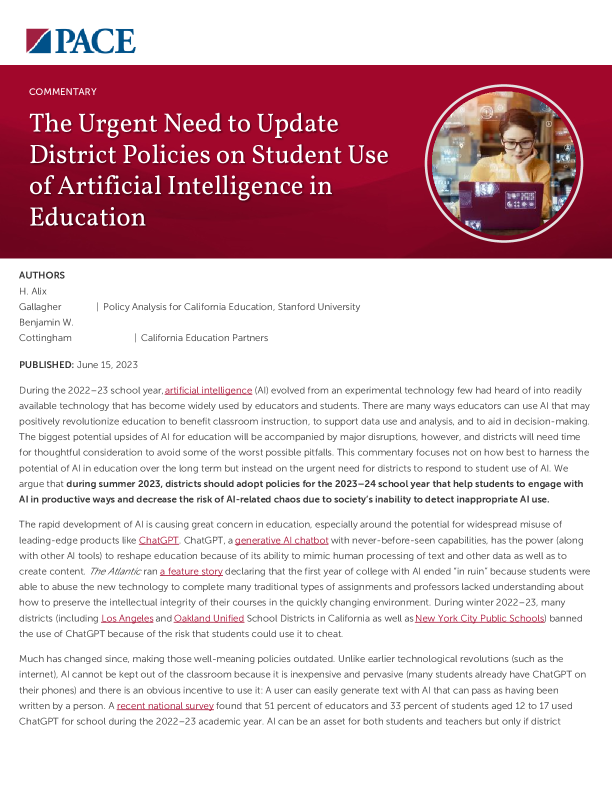 The Urgent Need to Update District Policies on Student Use of Artificial Intelligence in Education PDF