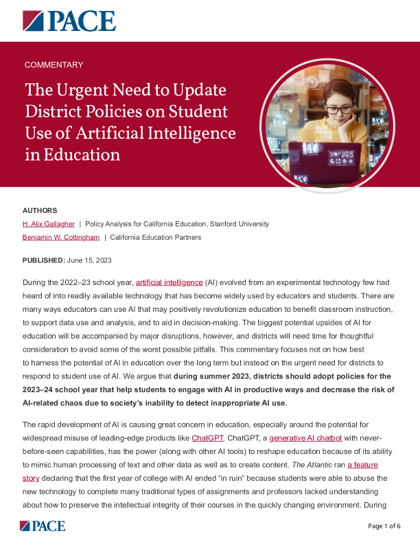 The Urgent Need to Update District Policies on Student Use of Artificial Intelligence in Education PDF